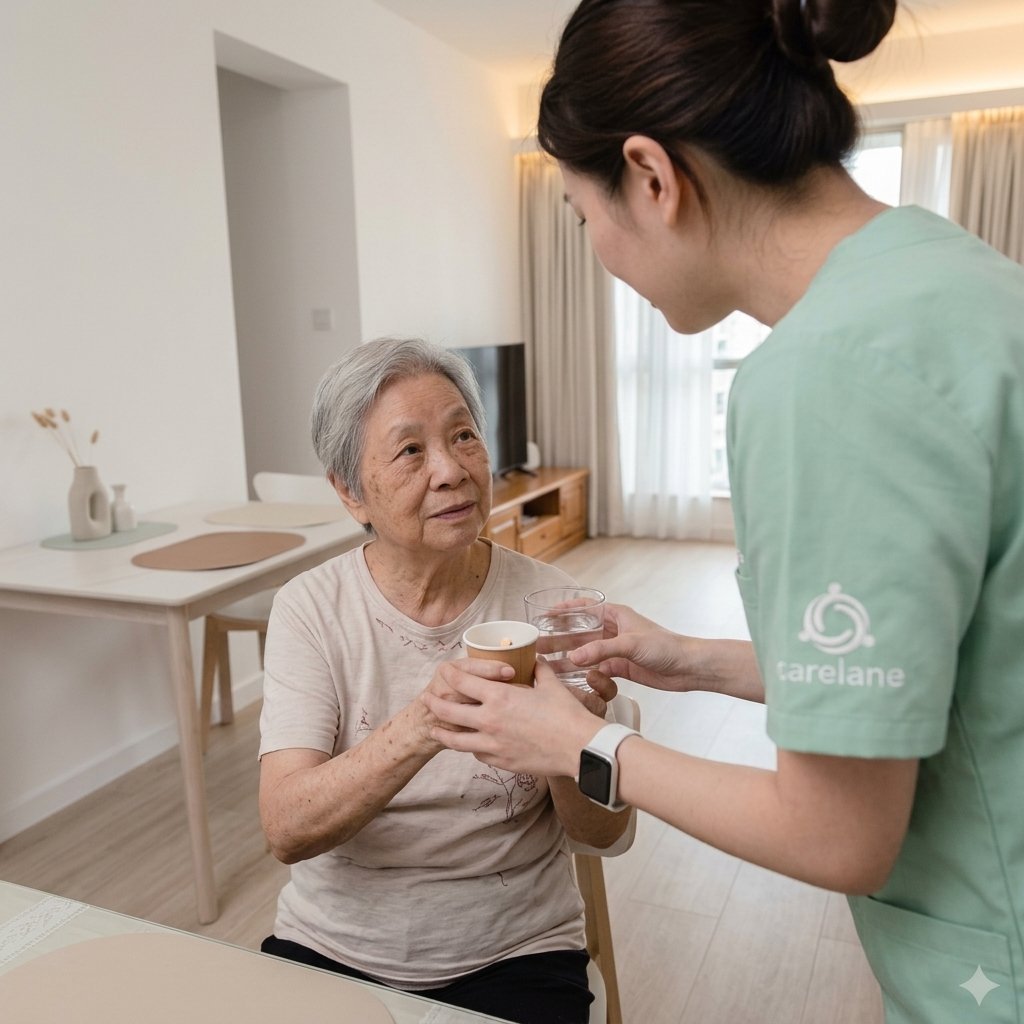 守護里照顧人員協助手術後長者按指示安排用藥