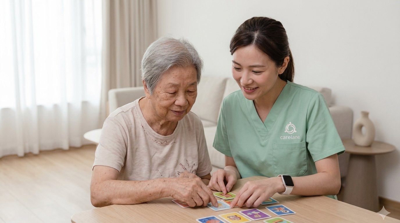 守護里照顧人員在家中陪伴認知障礙症長者進行日常活動