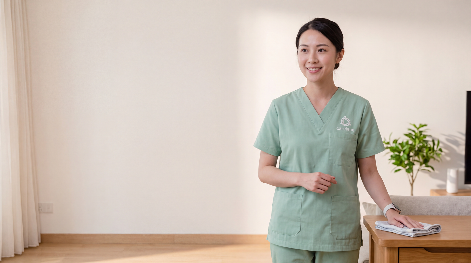 CareLane 家務助理在家中整理居所，長者在旁休息